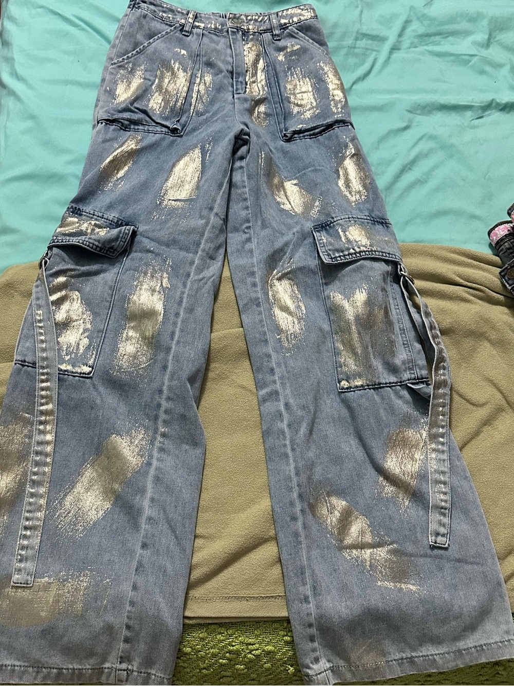 Wide-Leg Cargo Jeans with Metallic Paint Detail - Light Blue